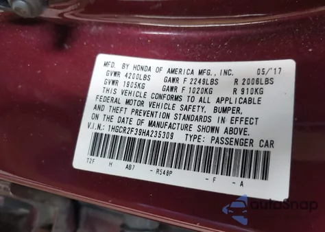 2017 Honda Accord Lx из США, поврежденный, VIN 1HGCR2F39HA235309